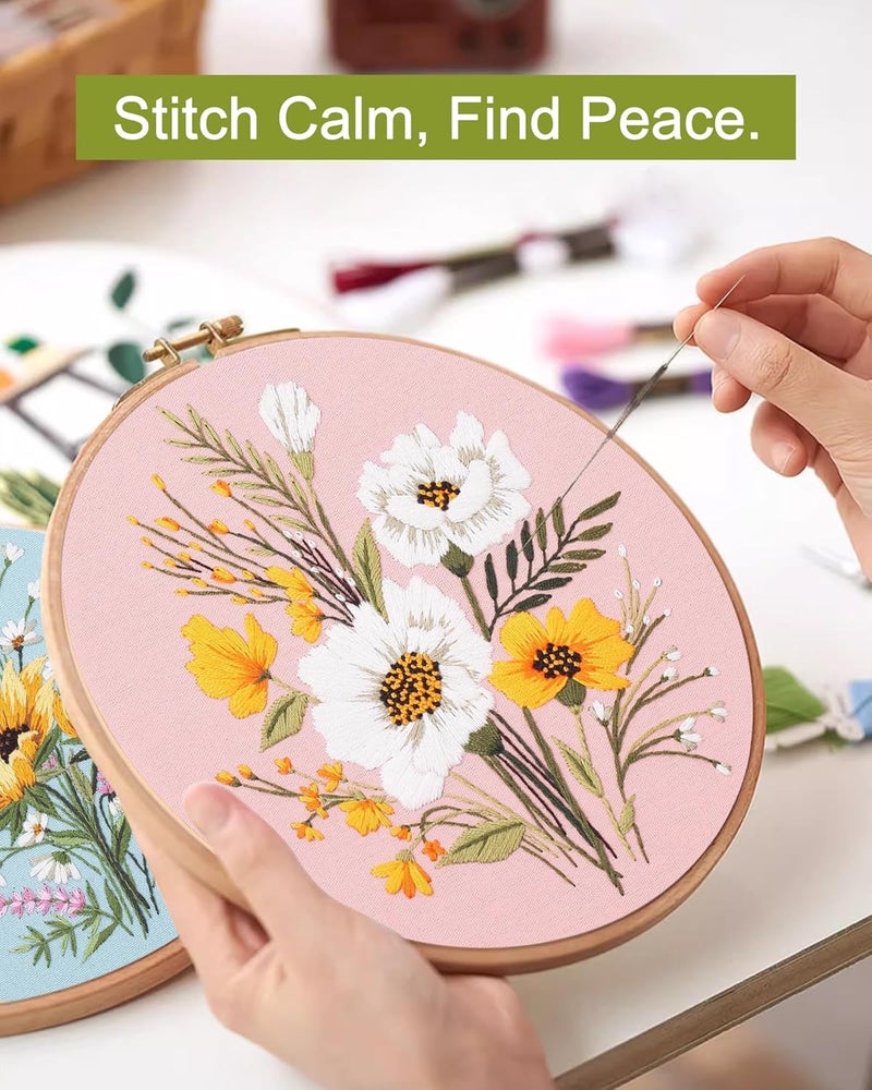 Santune 3 Pack Flower Embroidery Kit for Beginners Adults Cross Stitch Needlepoint Kits Hand Craft with Plant Patterns,3 Instructions,1 Hoop,Threads and 6 Needles - Image 4